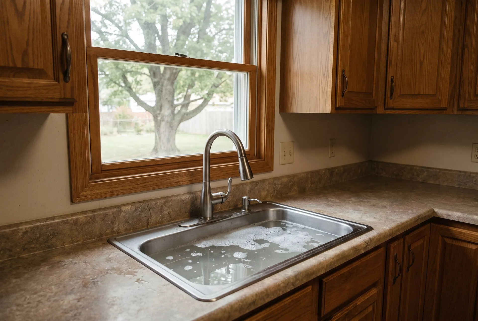 A stainless steel kitchen sink half full of cloudy, soapy water that is not draining, under a window.
