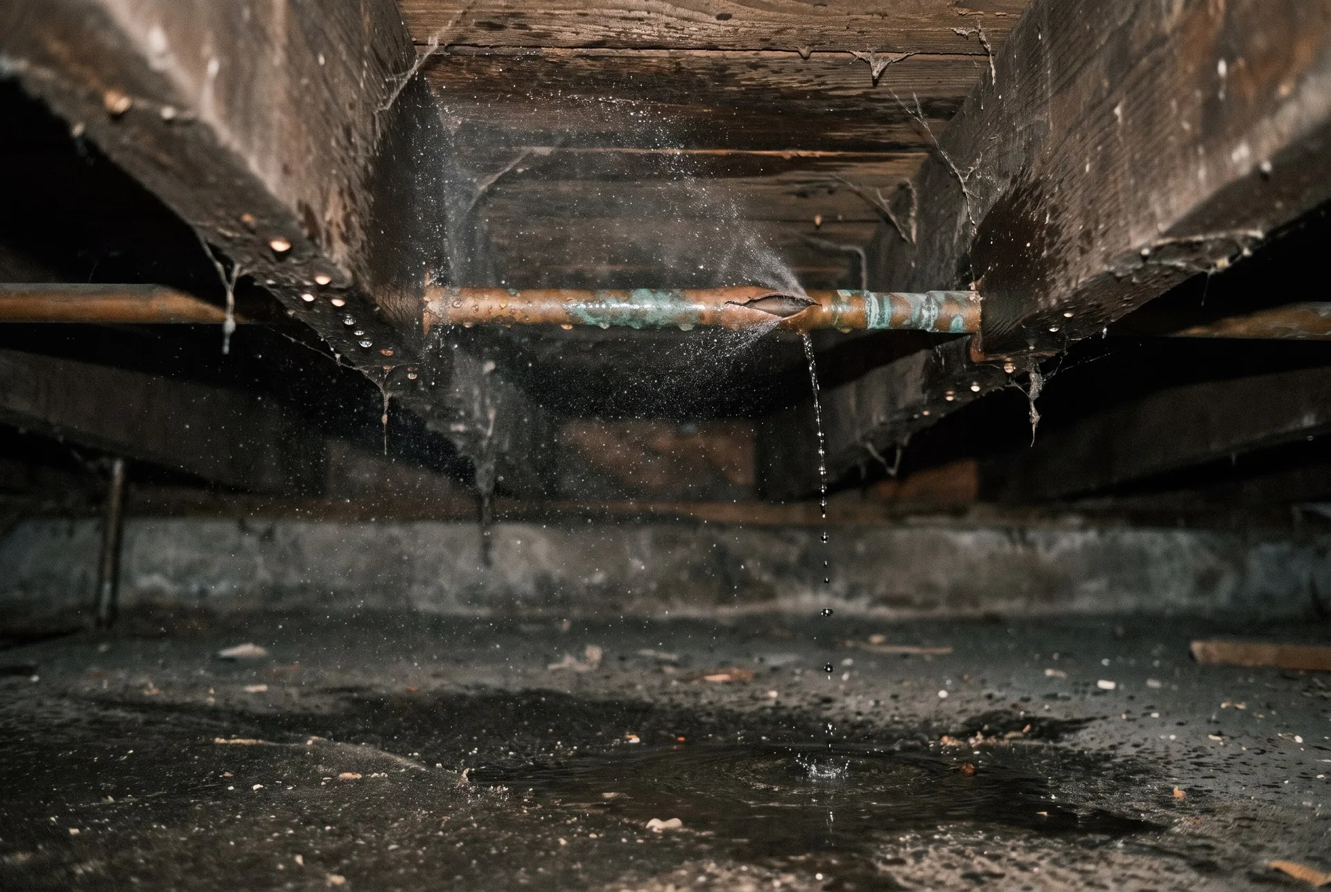 A split copper pipe between basement ceiling joists spraying a fan of water onto a wet concrete floor.