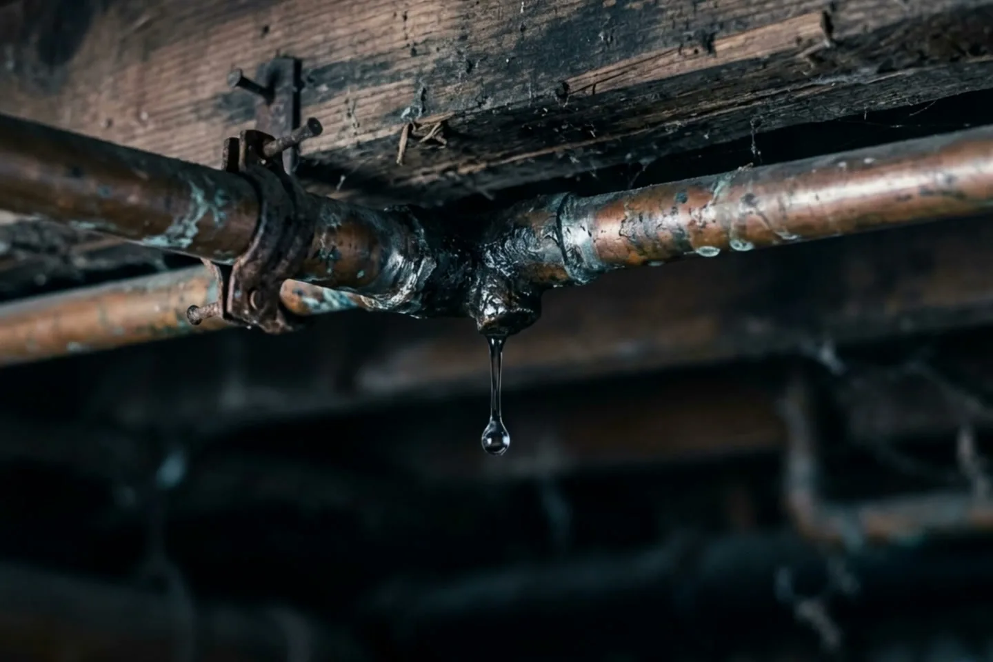 A drop of water hanging from a copper pipe joint under basement ceiling joists.