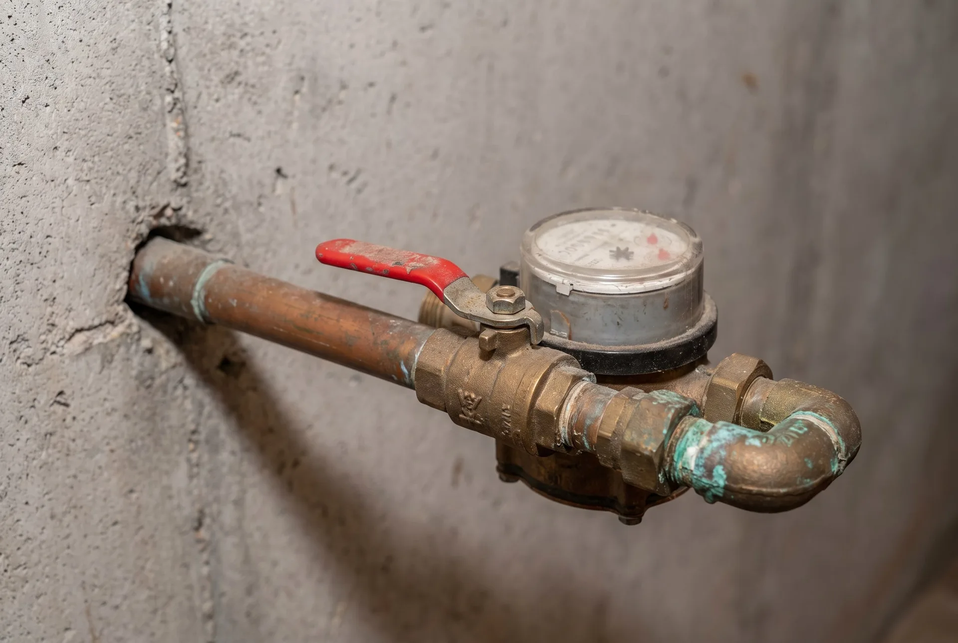 A red-handled main water shut-off valve and a water meter on a copper line coming through a concrete basement wall.
