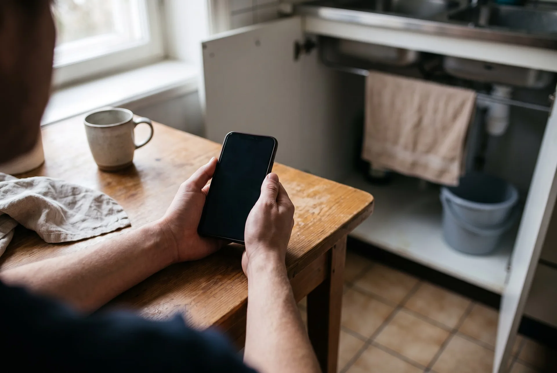 Hands holding a phone at a kitchen table, with a towel and a bucket by an open under-sink cabinet in the background.