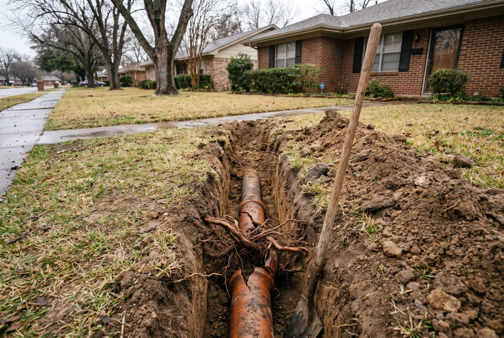 A trench dug across a front lawn exposing a cracked clay tile sewer pipe with tree roots grown into the joint.