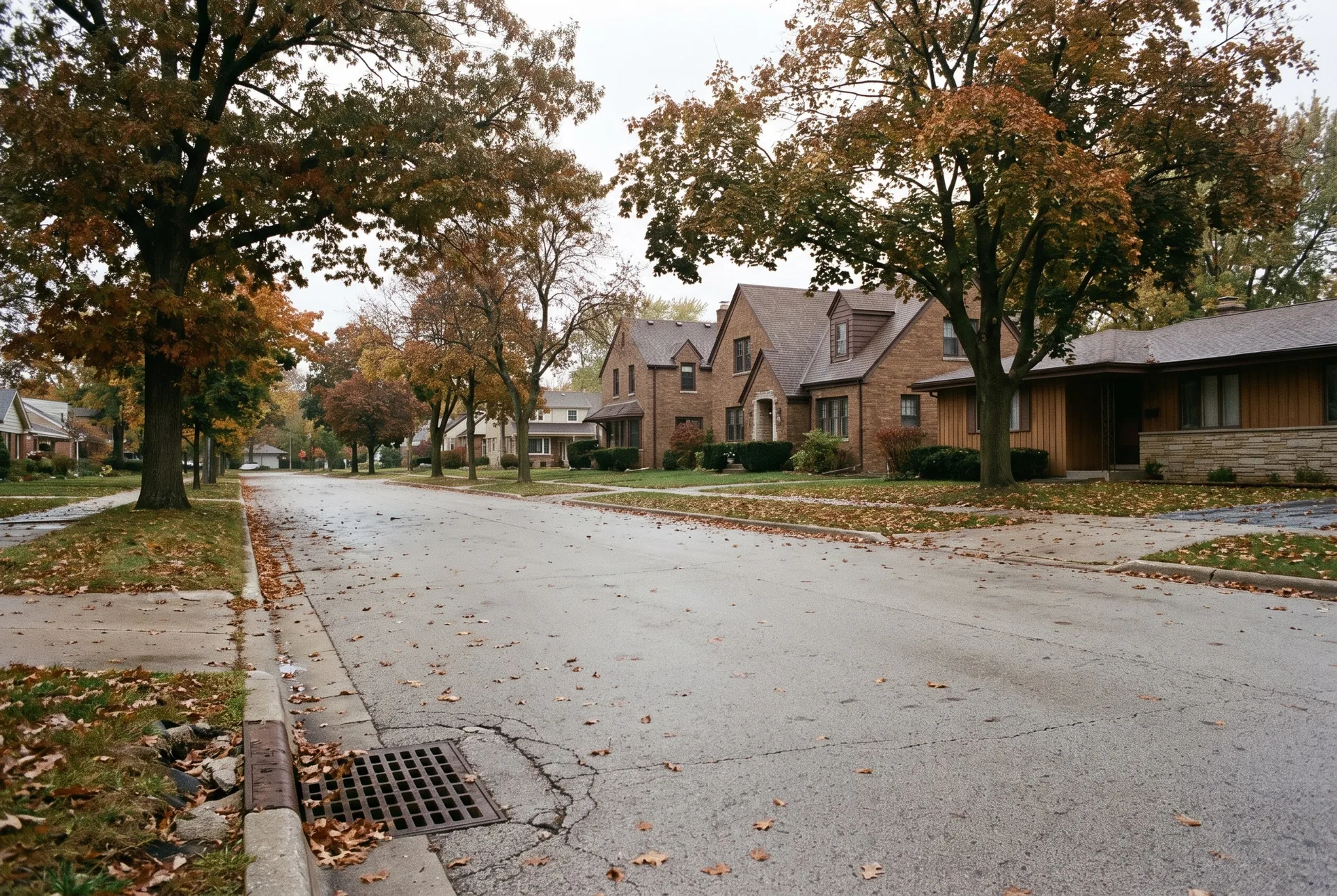 A quiet suburban street in autumn with brick houses, mature trees, and a storm drain at the curb.