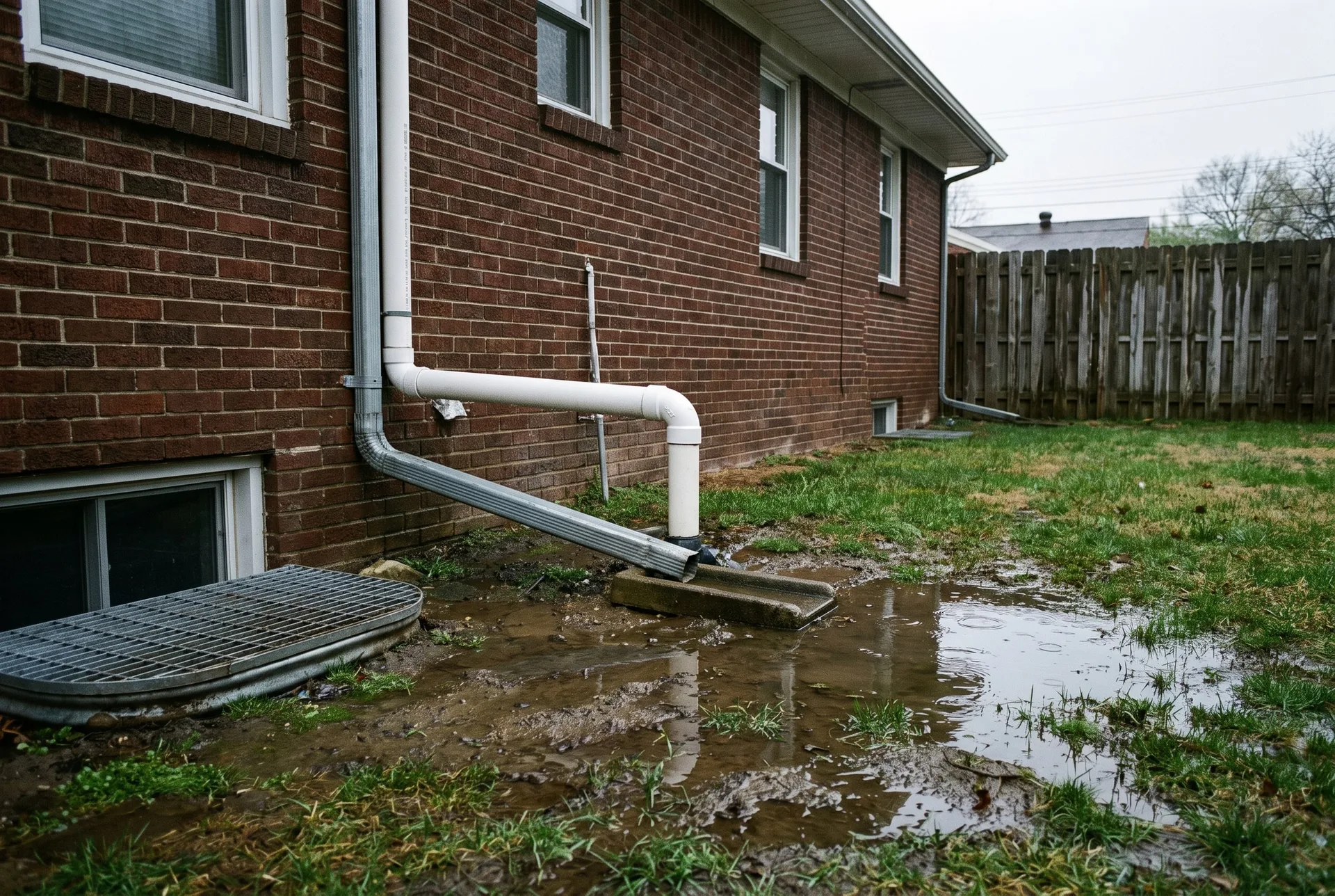 A white PVC sump pump discharge pipe and a downspout emptying onto a soggy lawn beside a brick house and a basement window well.