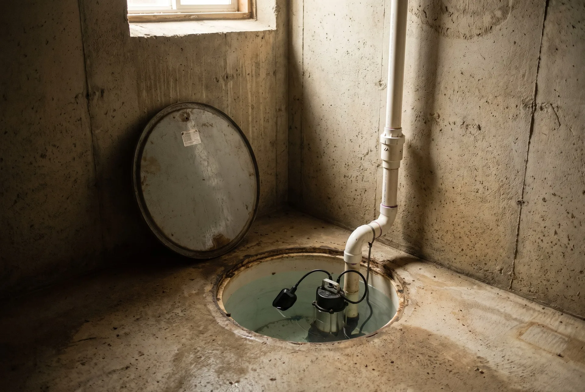 An open sump pit in the corner of a concrete basement, with a submersible pump in the water and a white PVC discharge pipe running up the wall.