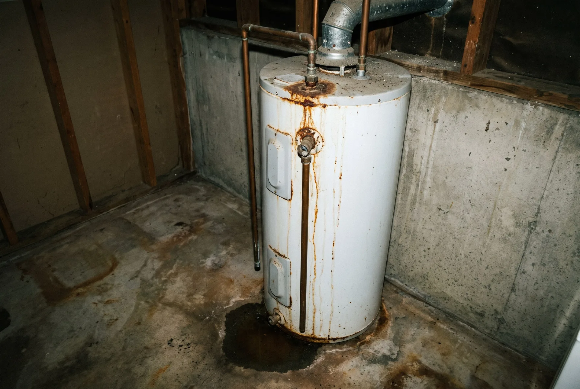 An older tank water heater in a basement corner with rust streaks down its side and a small puddle at its base.