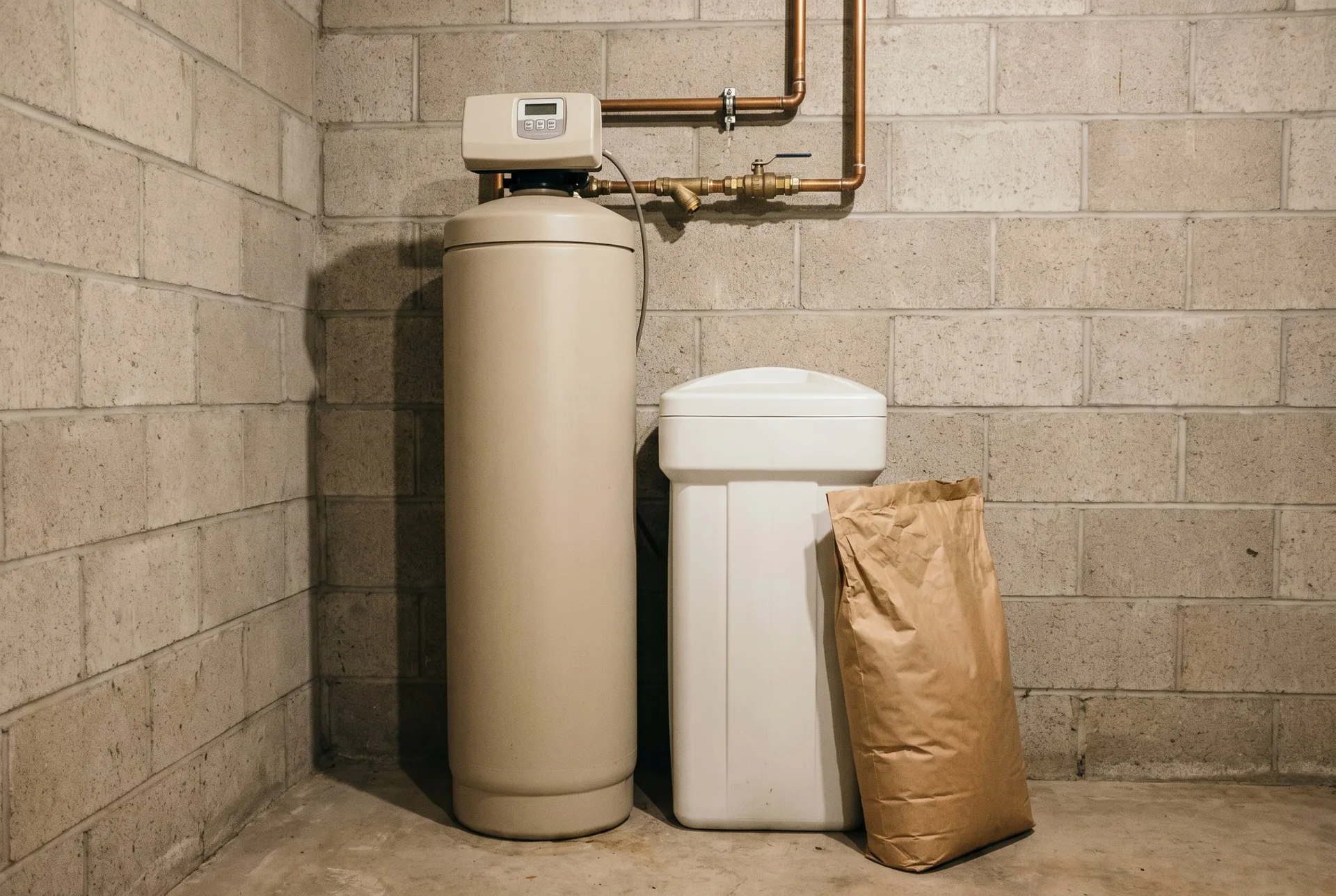 A water softener resin tank and brine tank against a block basement wall, piped into copper water lines, with a bag of salt beside them.